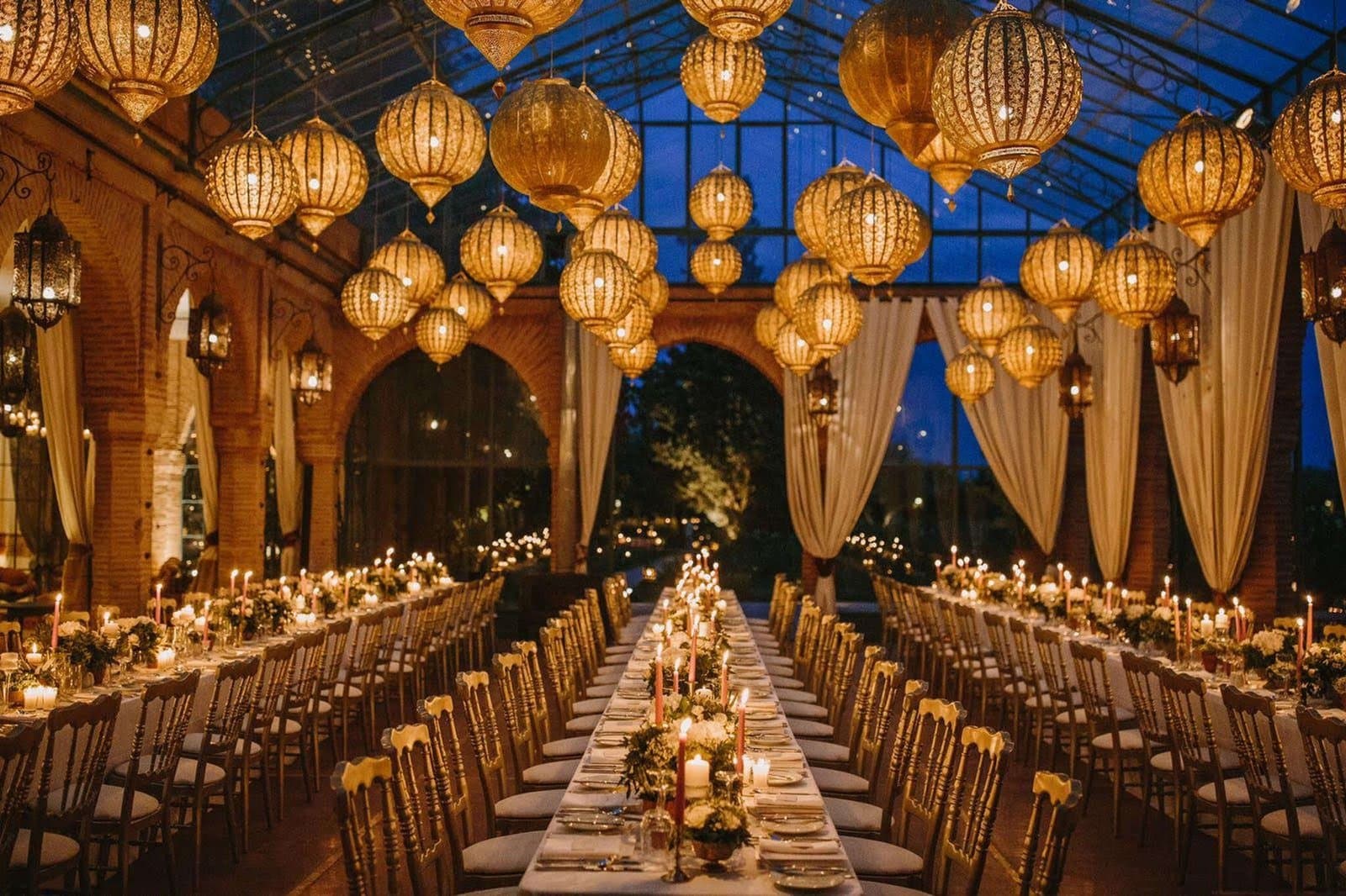 Luxury destination wedding in a Marrakech palace garden at night
