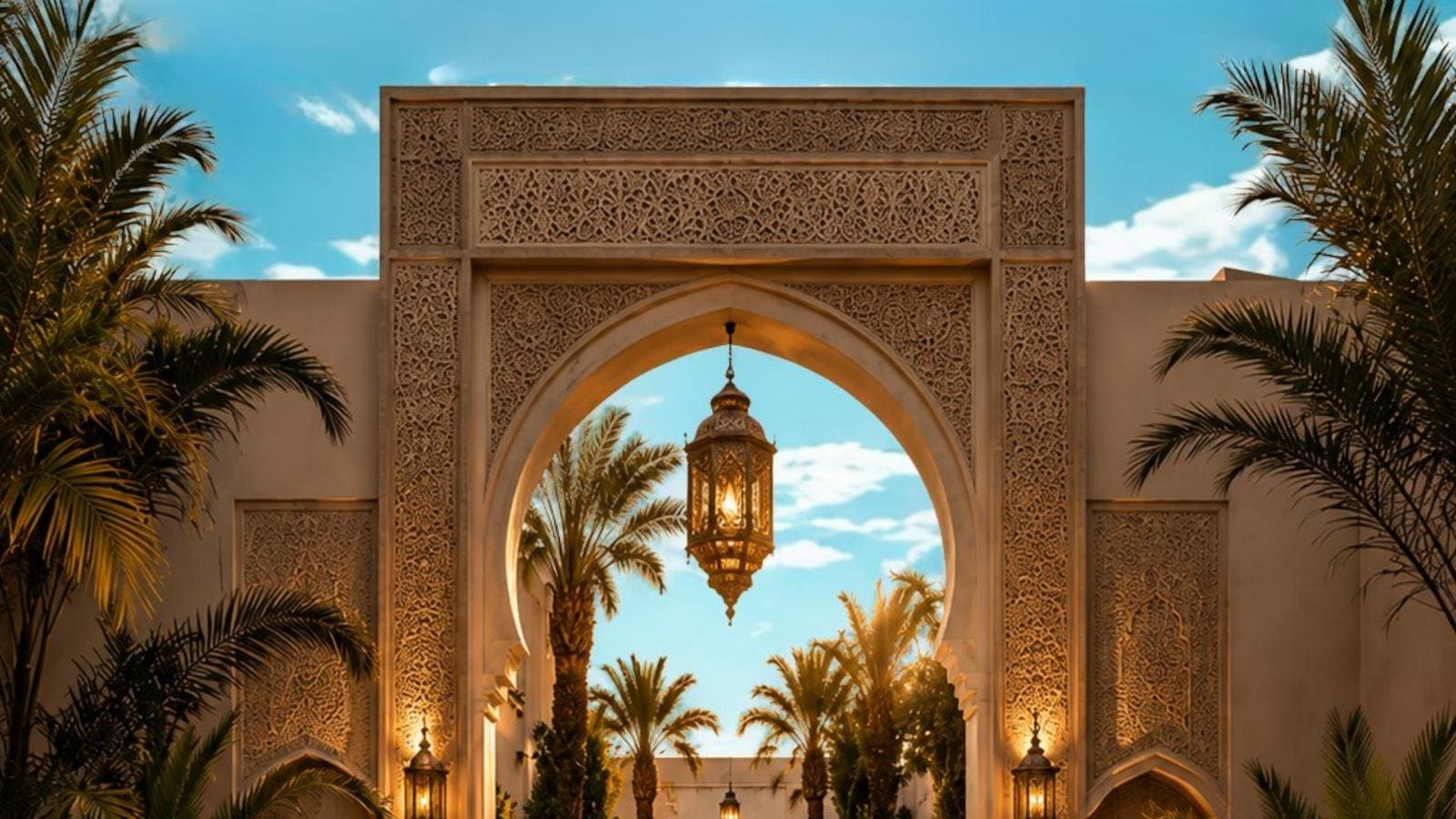 Luxury Moroccan riad courtyard at golden hour in Marrakech