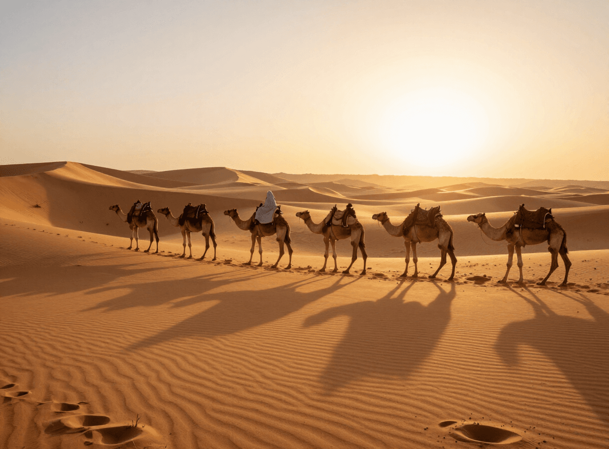 Camel caravan crossing the Sahara desert dunes at sunset
