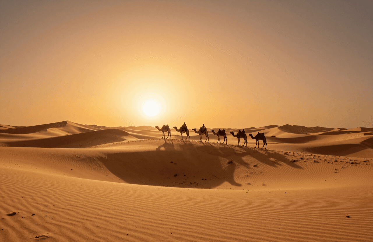 Sahara desert camel caravan at golden sunset