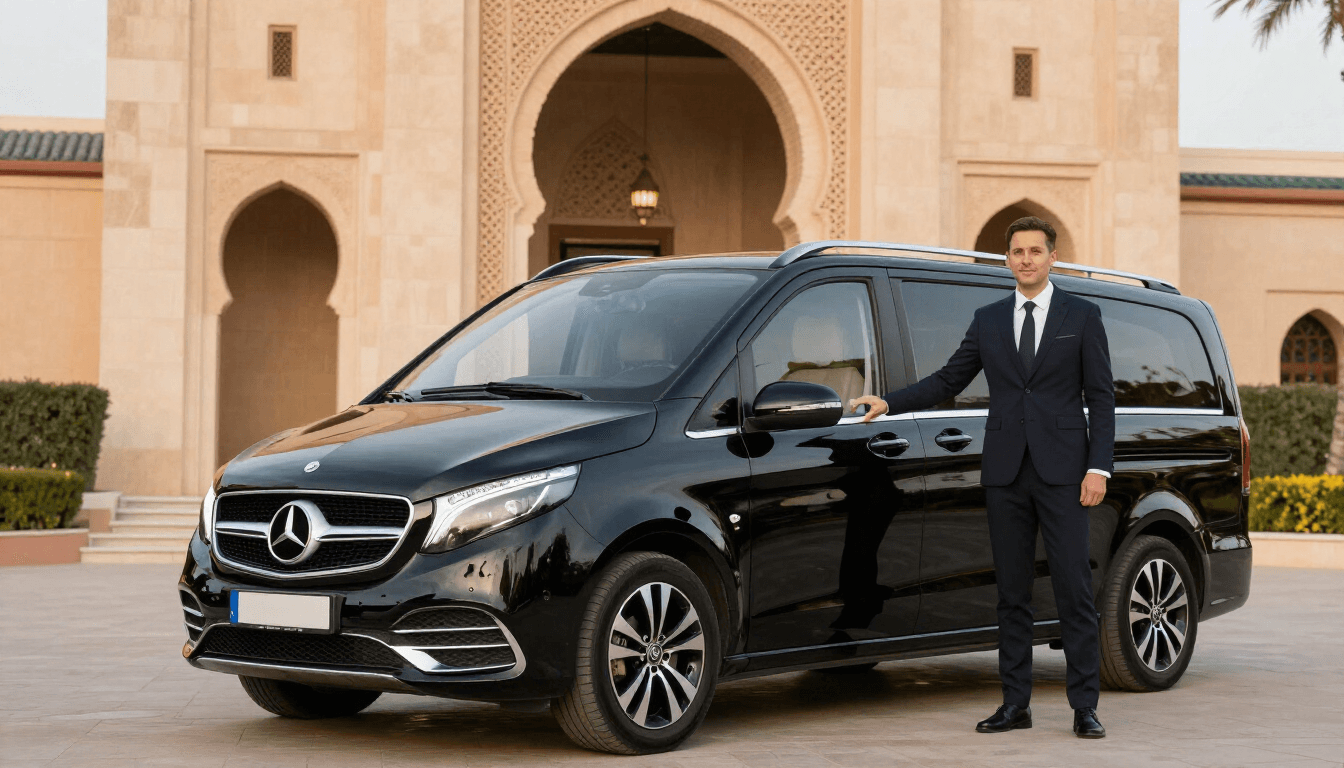 Black Mercedes V-Class with chauffeur in front of a Marrakech palace